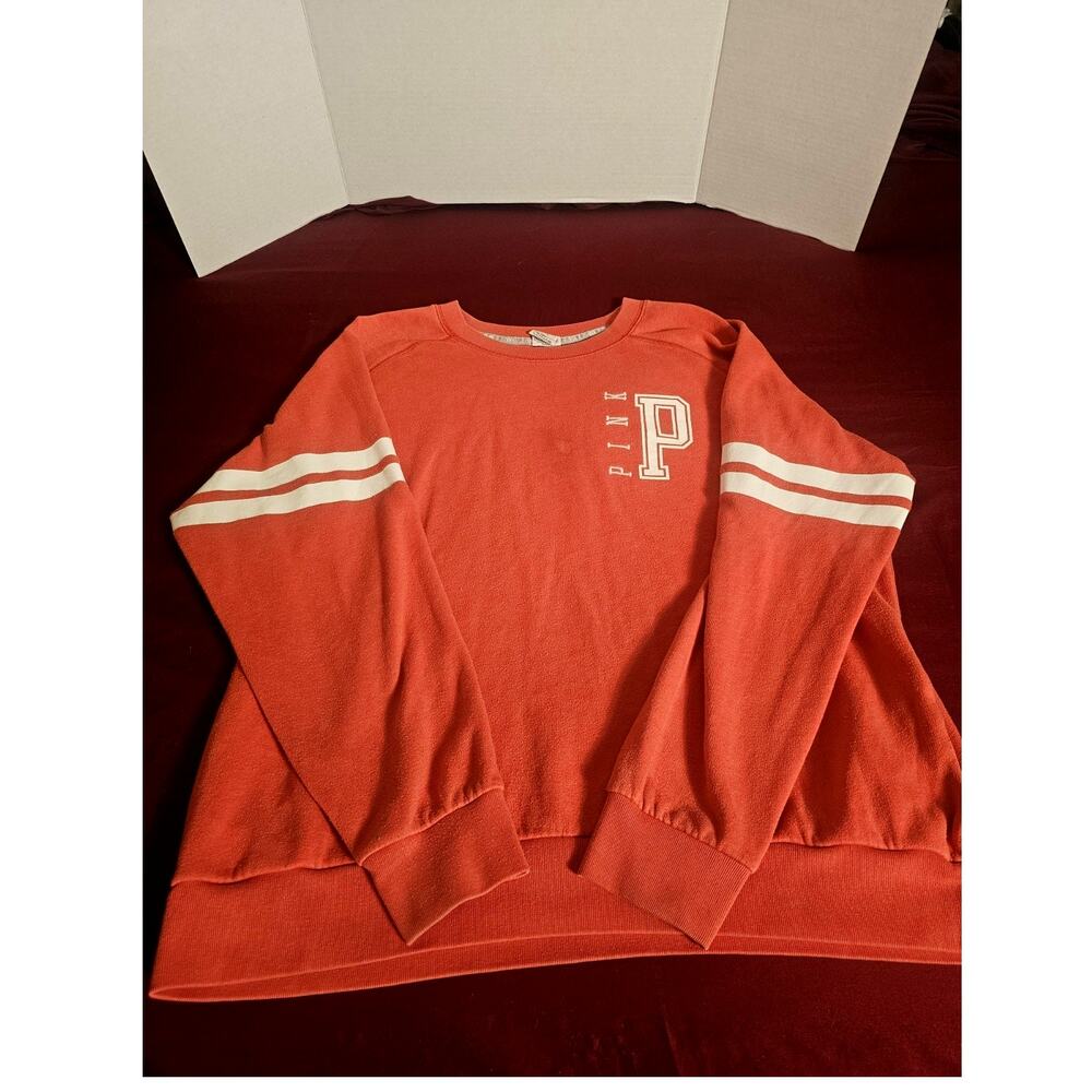 Victoria Secret Pink VARSITY CREW SWEATSHIRT PULLOVER CORAL PINK SIZE LARGE